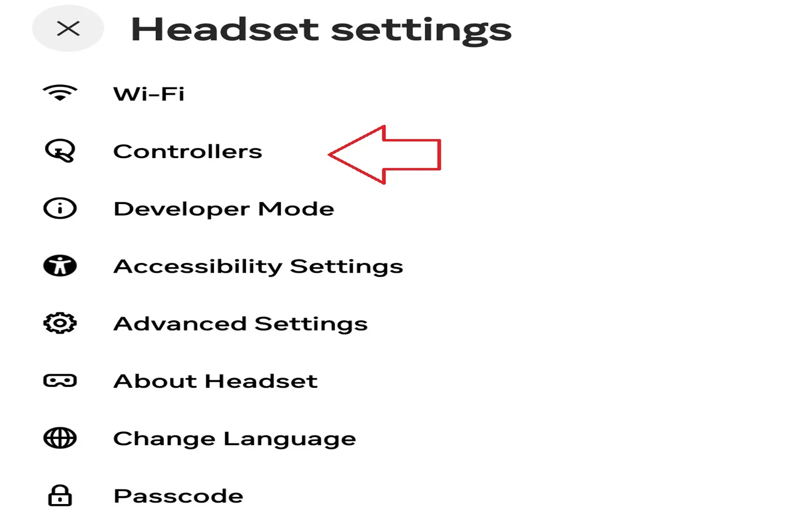 On the headset settings screen, select Controllers to manage pairing and controller options.