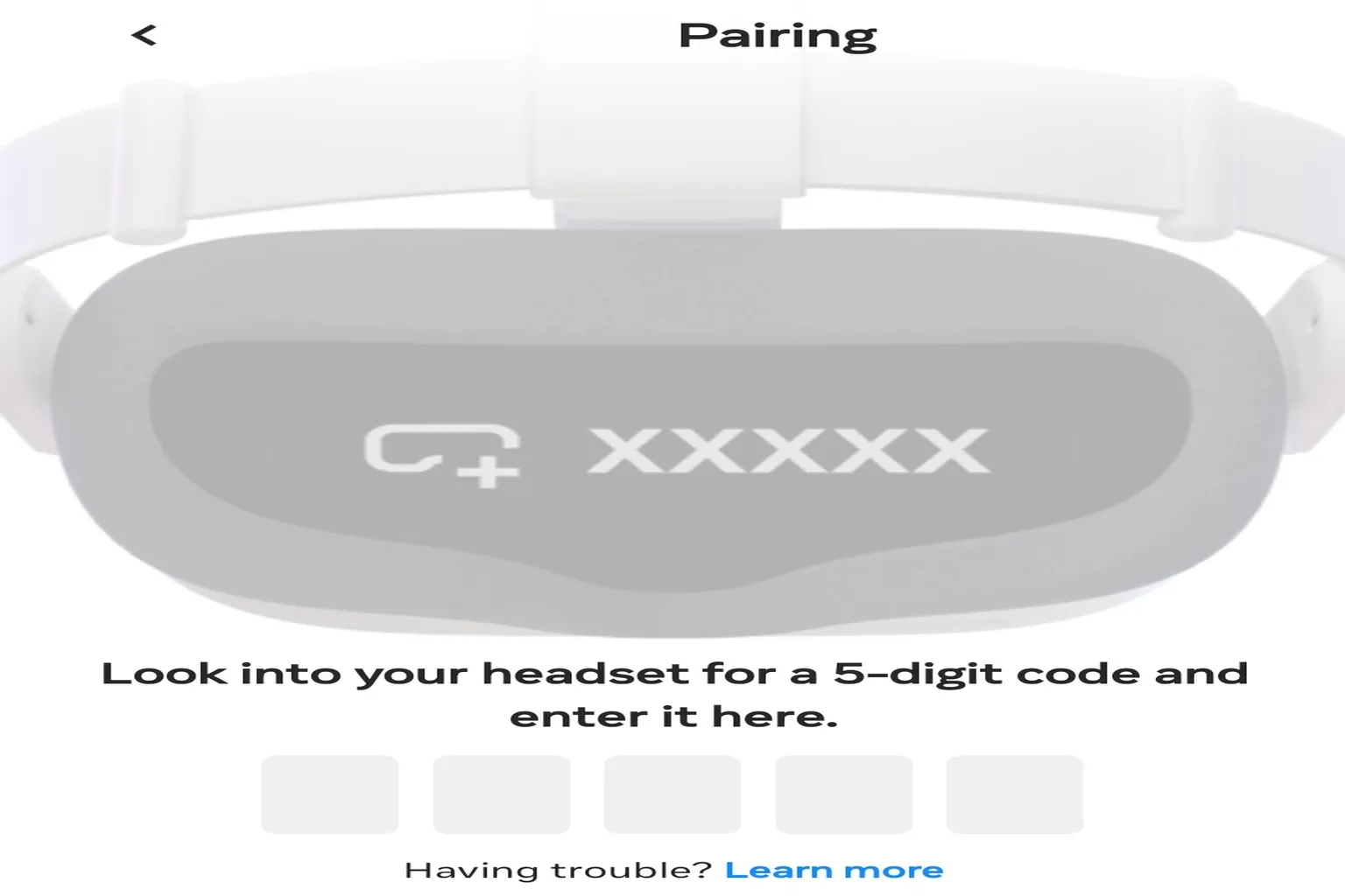 Pairing screen with an input field prompting you to enter the 5-digit code shown inside the headset.