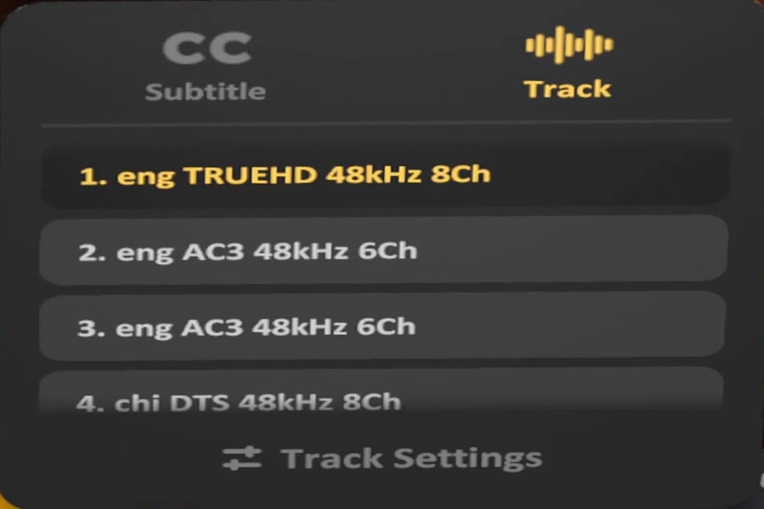 SKYBOX audio track switching feature allowing selection of multiple languages and channel options.