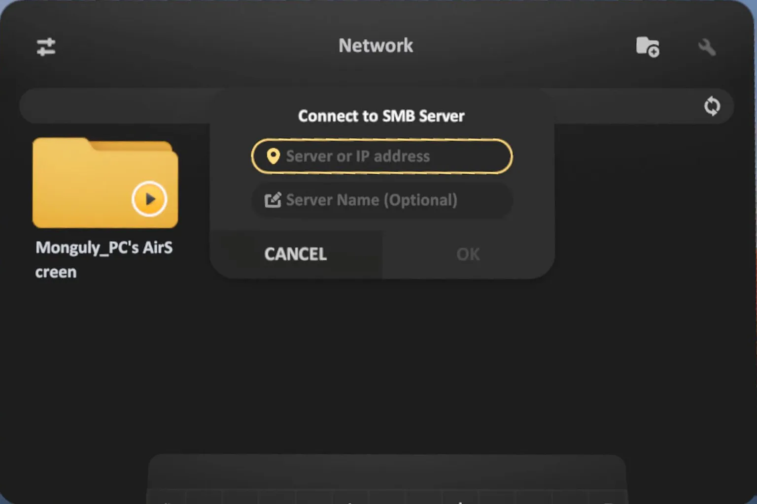 Entering the shared device IP address and folder name “VRPUPU” in SKYBOX to prepare an SMB connection