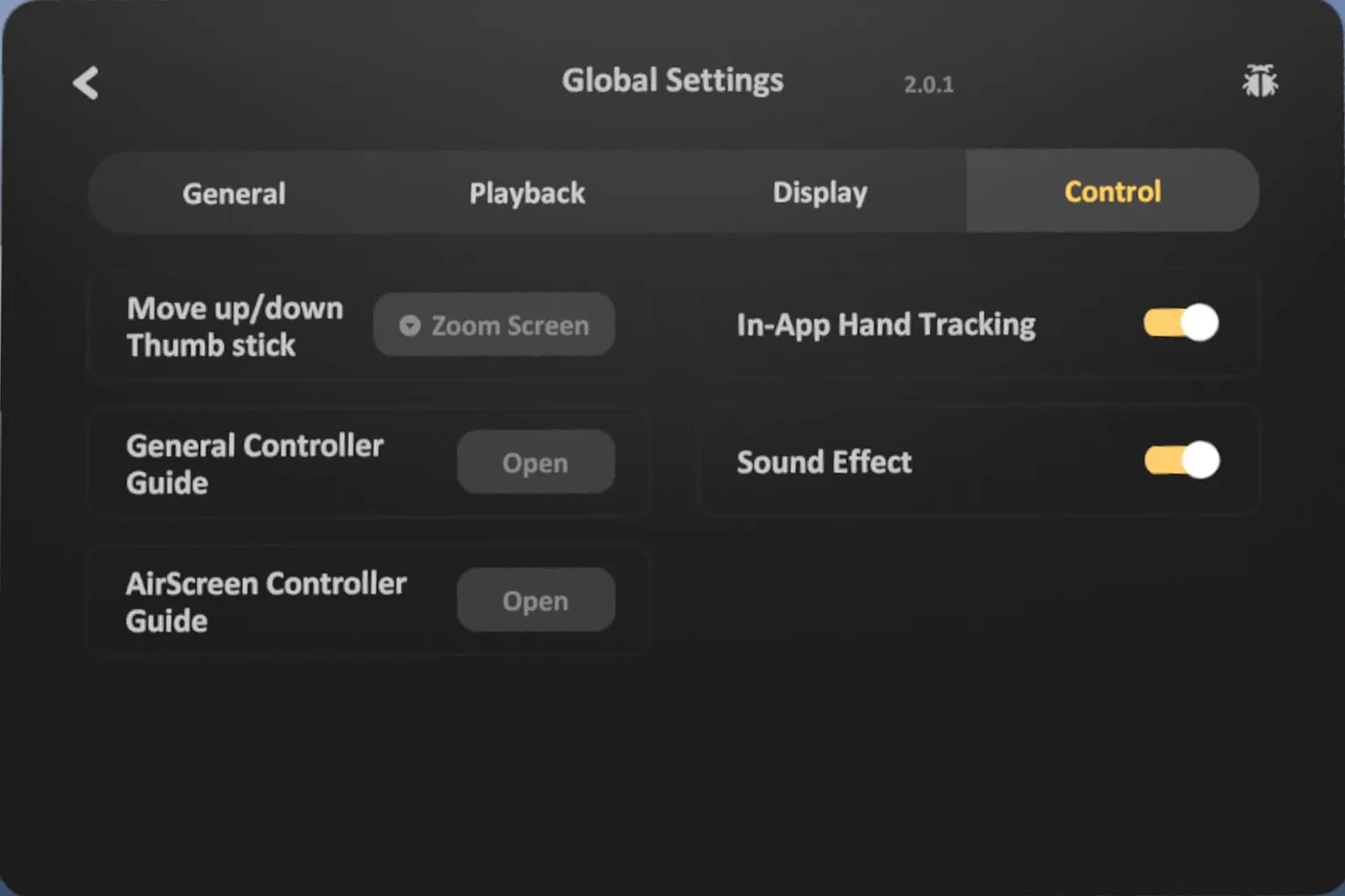 The SKYBOX Control Settings page allows toggling joystick functions, hand tracking, sound effects, and on-screen control guides.