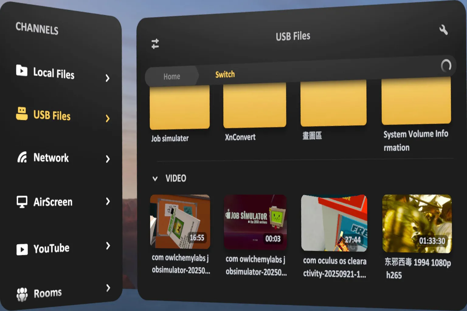 SKYBOX Player showing a list of video files on a USB device with filenames and thumbnails