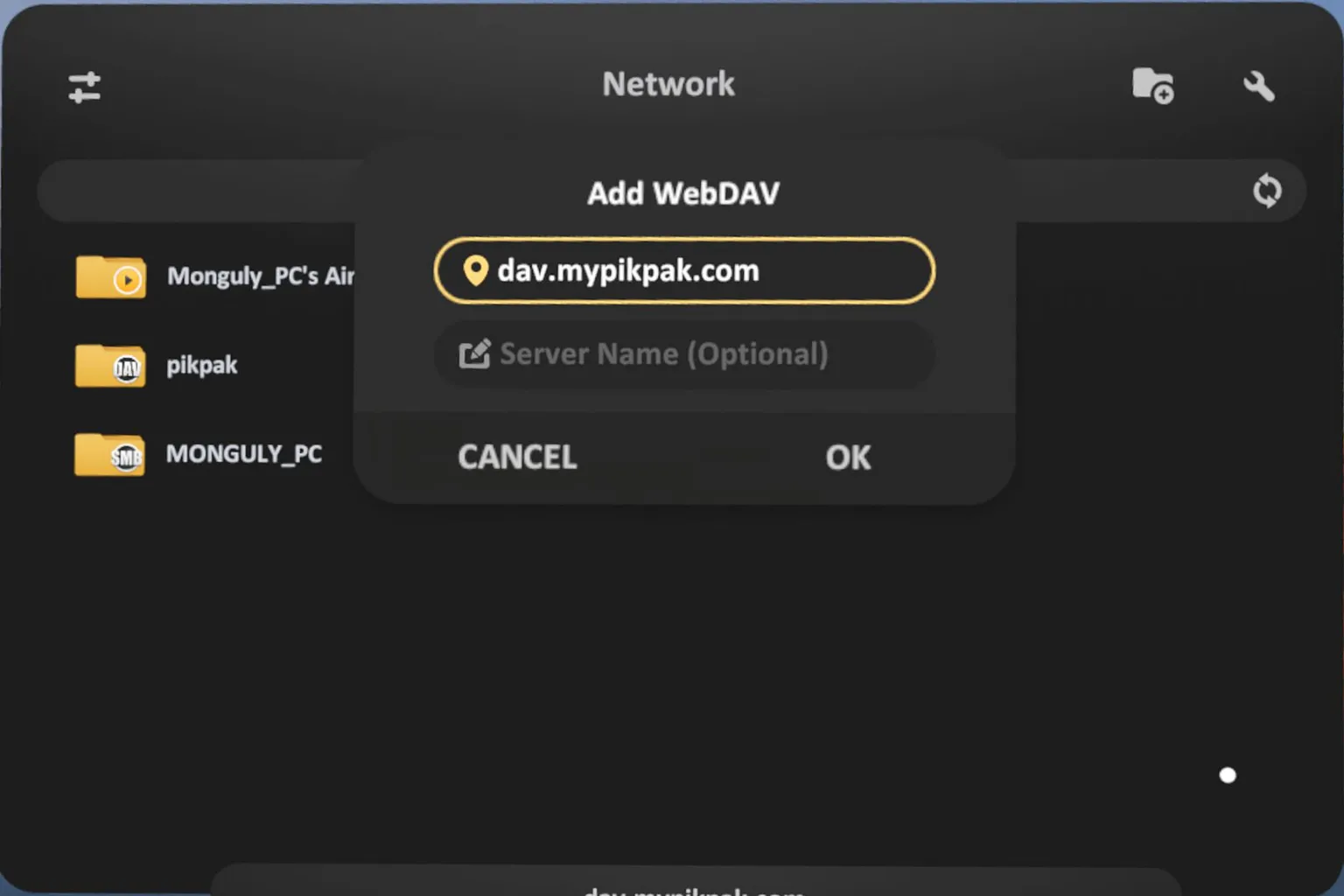 Example screen of a failed WebDAV addition, showing an error caused by an incorrect server input format