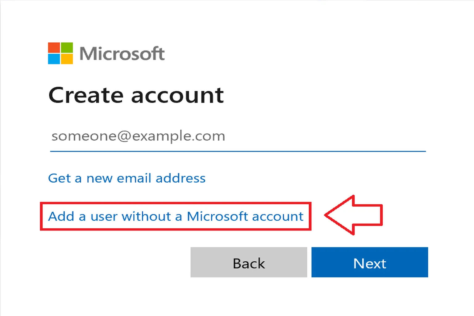 Selecting an account type that does not use a Microsoft account.