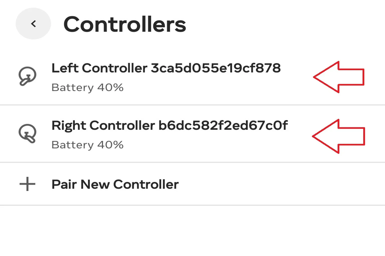 Meta Quest controller management screen showing the connected left and right controllers along with their battery levels.
