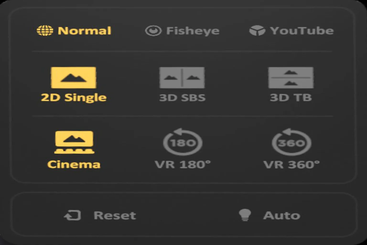 SKYBOX display mode settings screen with options to switch between 2D, 3D, Cinema, and VR 180/360 formats.