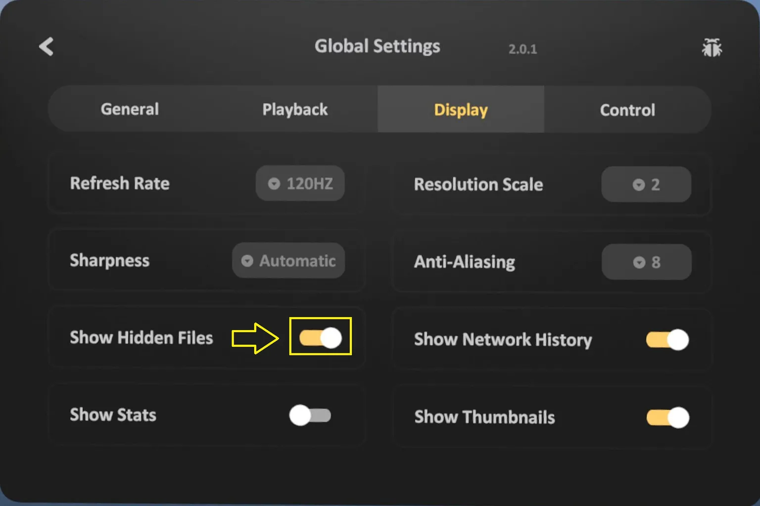 SKYBOX left sidebar showing the entry for hidden folders, with the hidden “VideoShots” folder displayed on the right.