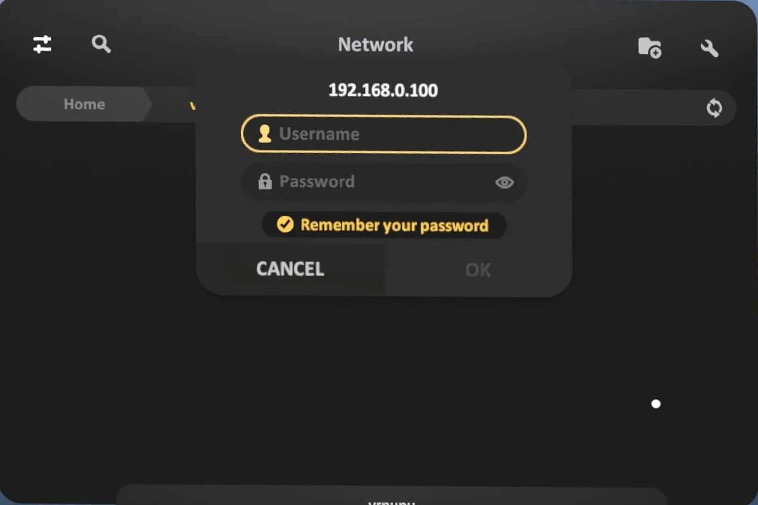 Entering username and password for SMB login in SKYBOX, with the option to remember login credentials selected