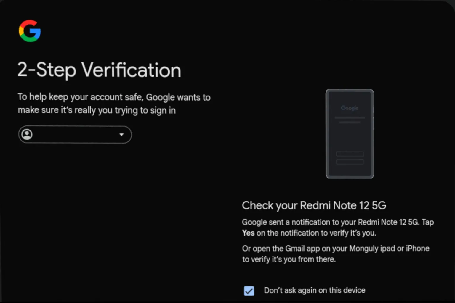 Google 2-Step Verification page for YouTube login, showing account selection, phone verification instructions for Redmi Note 12 5G, and option to not ask again on this device