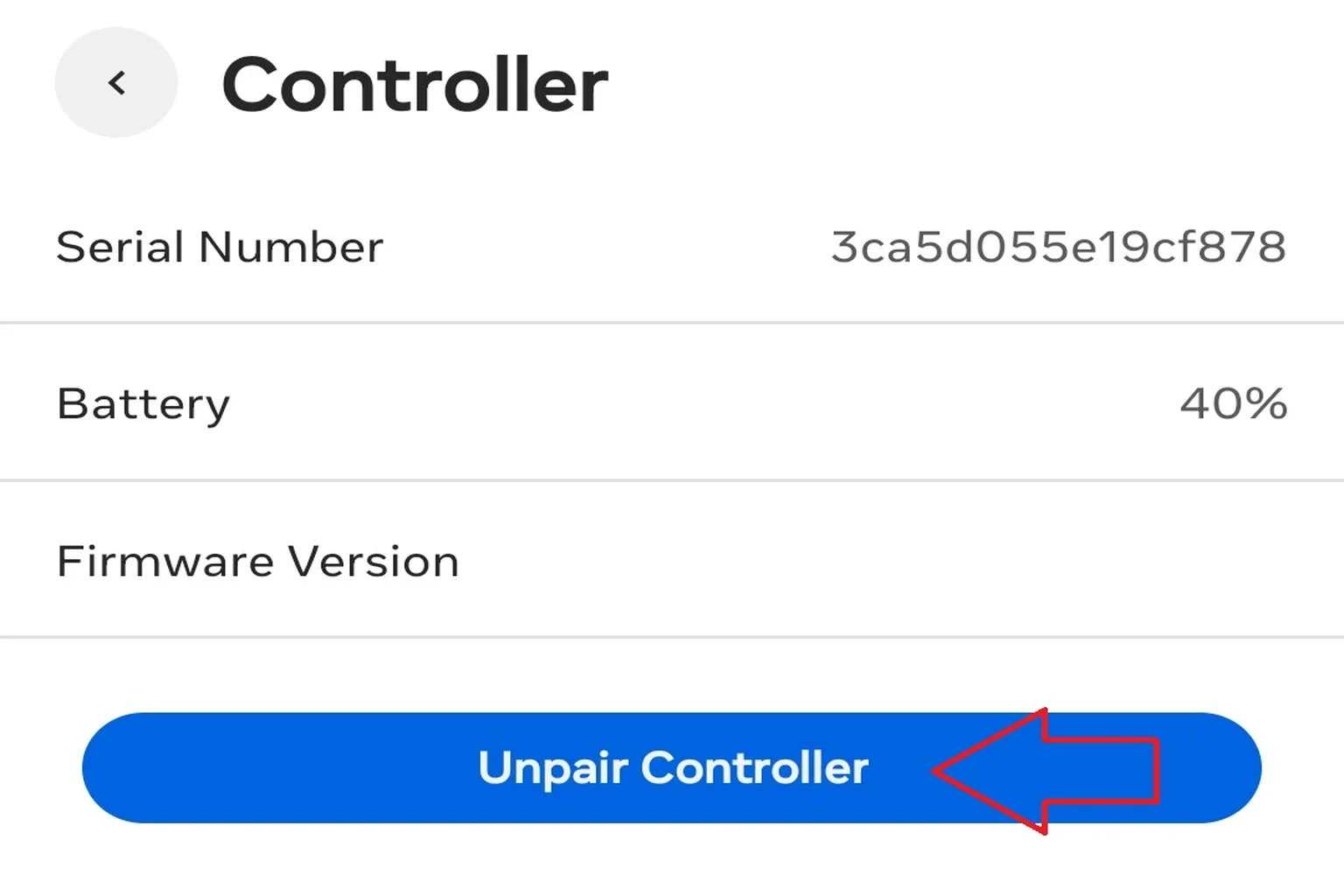 Controller details screen displaying battery level and firmware version, with an Unpair Controller button at the bottom.