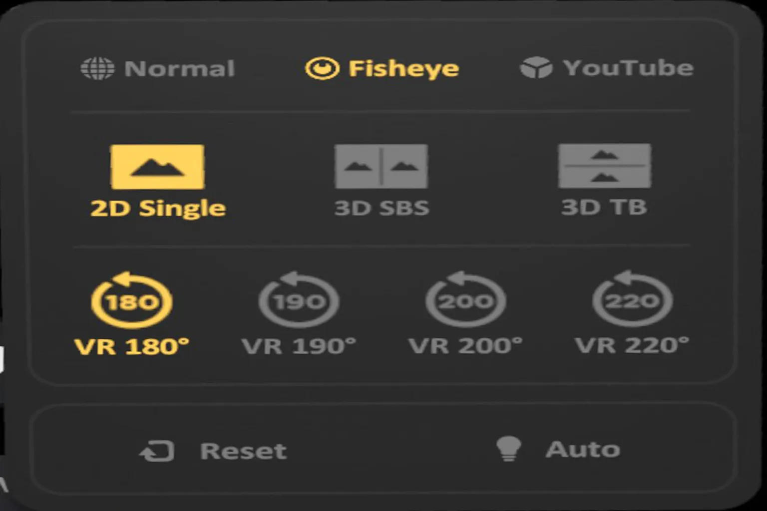 SKYBOX fisheye mode settings screen supporting VR playback with a field of view from 180 to 220 degrees.