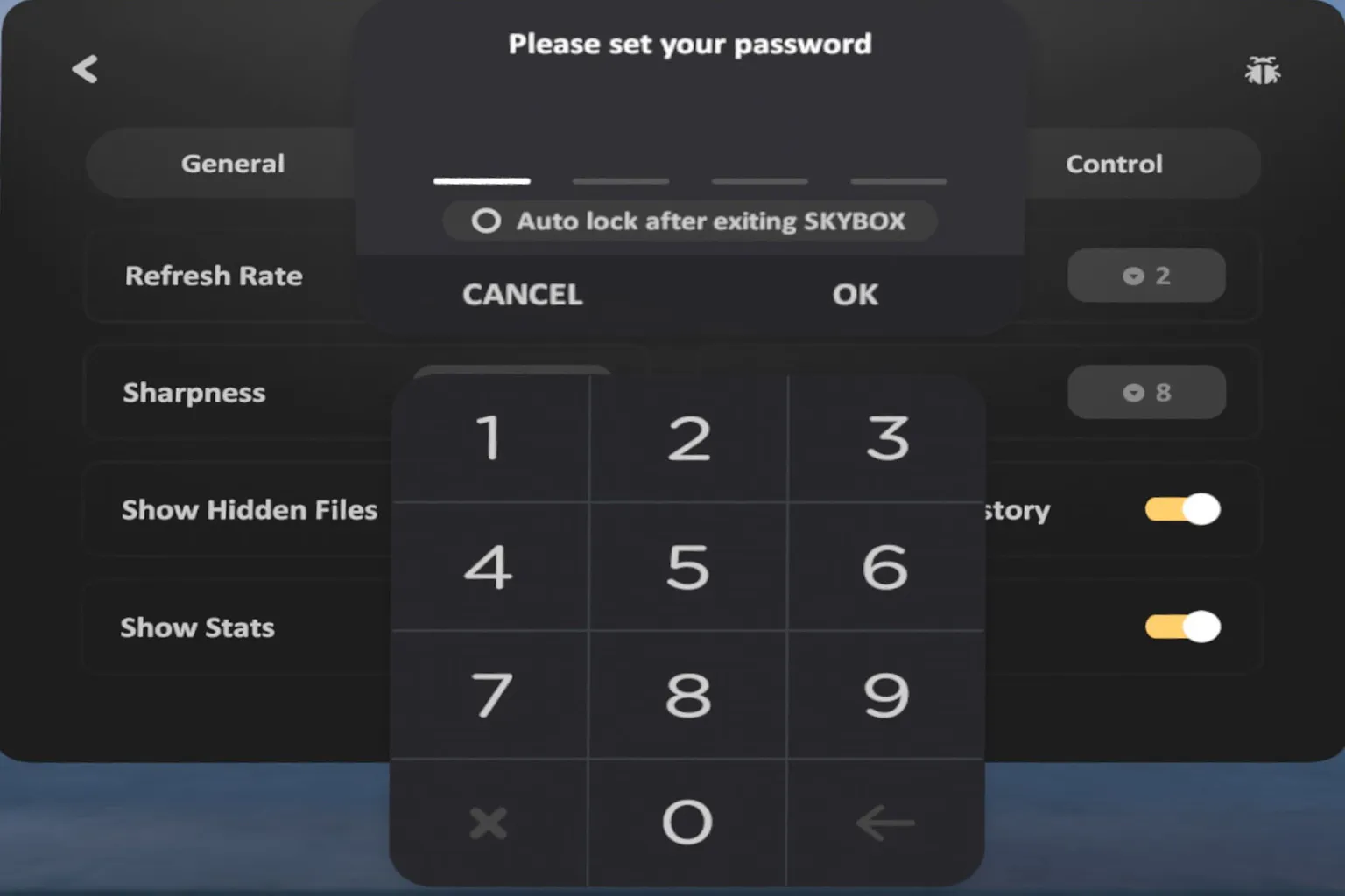 SKYBOX password setup screen enabling hidden folder protection, with a 4-digit password being entered.