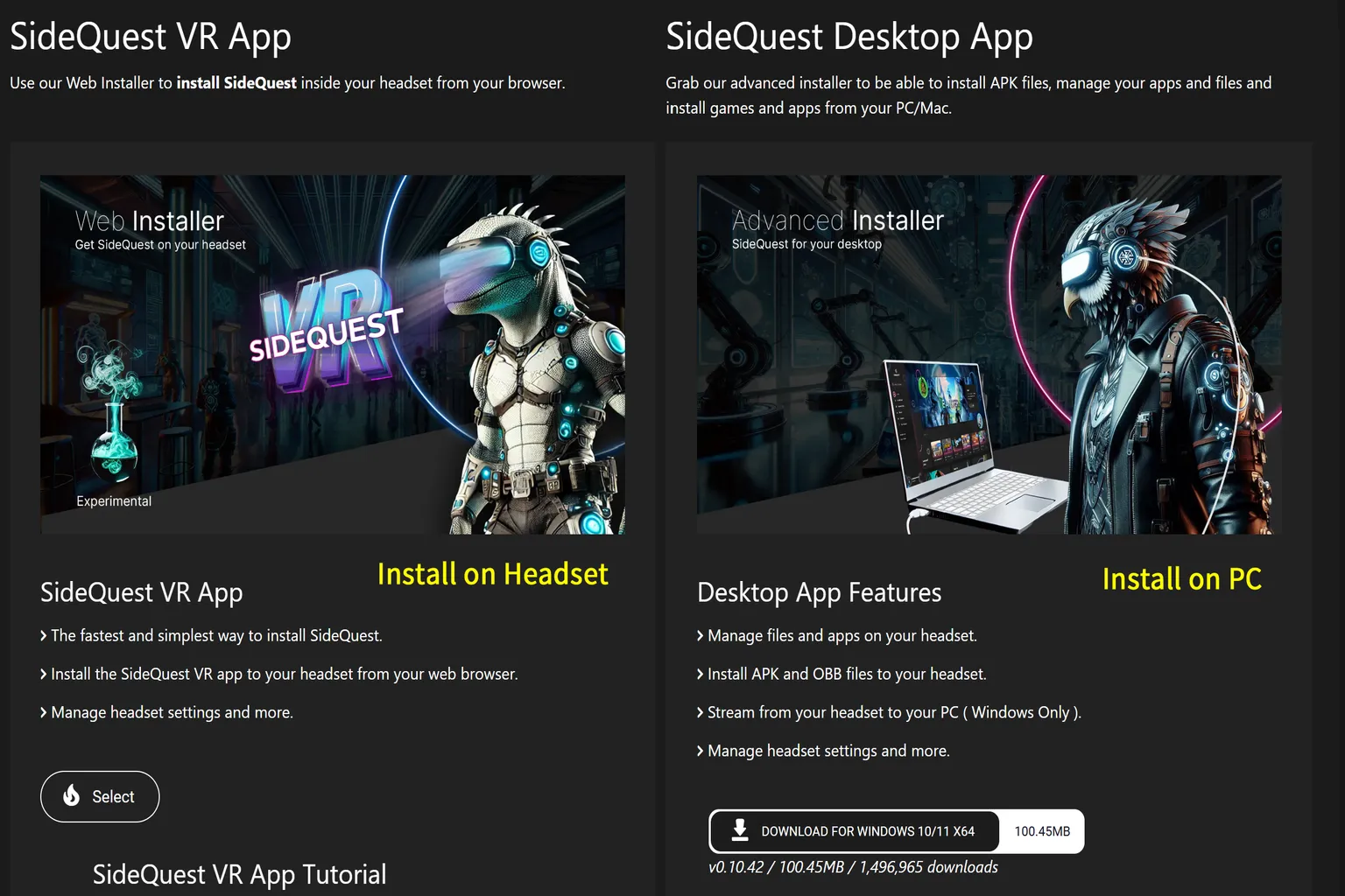 SideQuest installation options screen offering “Install directly to VR device” or “Install on PC”.