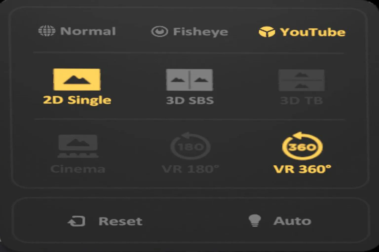 SKYBOX YouTube display mode settings supporting standard 2D view and VR 360 format.