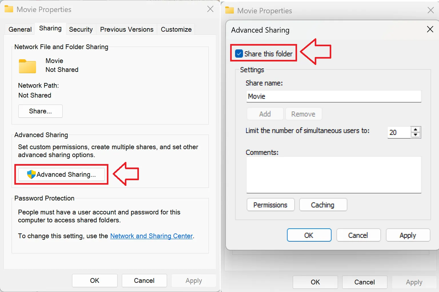 Setting sharing permissions and enabling folder sharing for network access.