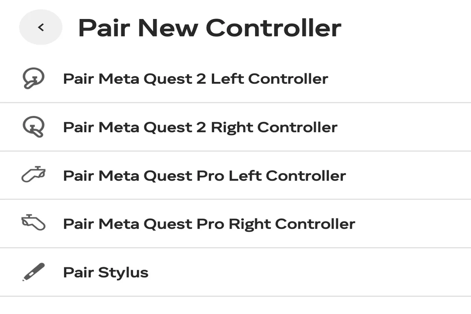 Controller type selection menu listing Meta Quest 2 controllers, Pro series controllers, and a stylus pen.