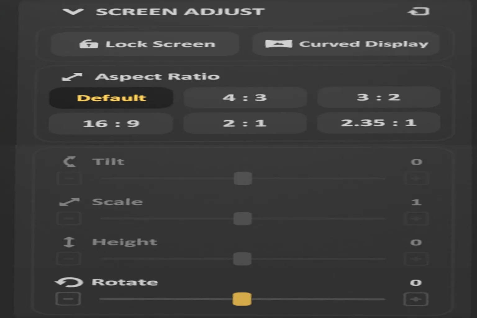 SKYBOX aspect ratio and screen height settings screen allowing switching between 16:9, 4:3, 2.35:1, and height adjustments.