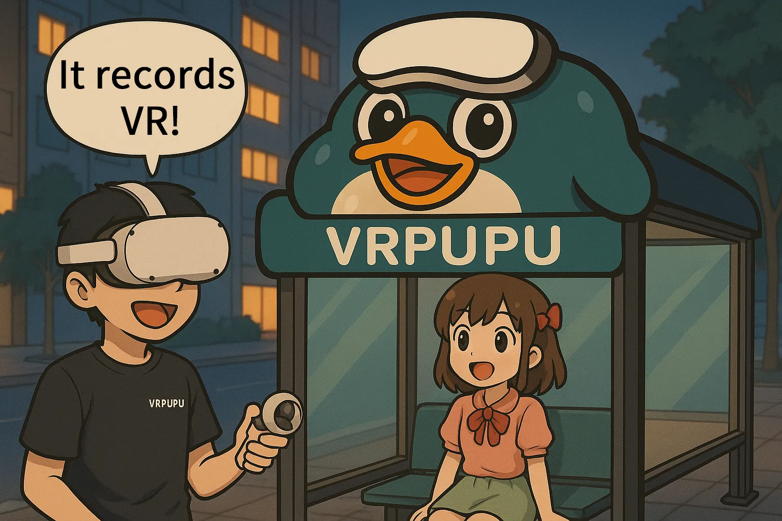 At a VRPUPU bus stop, Gugu happily explains that QGO can record VR videos, while Mengmeng sits on a bench smiling and watching him.