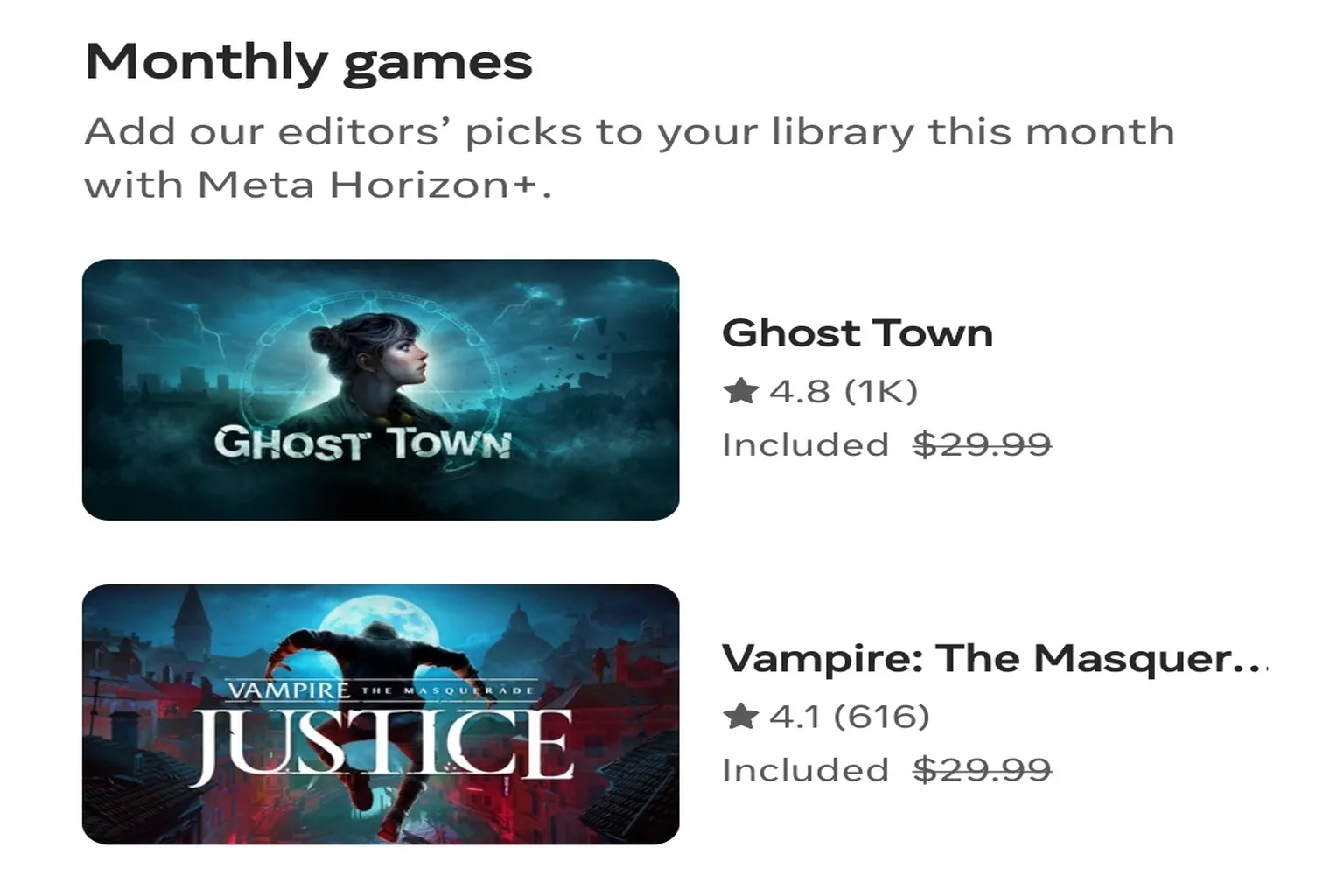 This month’s Horizon+ free games lineup screen. The featured titles include Ghost Town and Vampire: The Masquer.