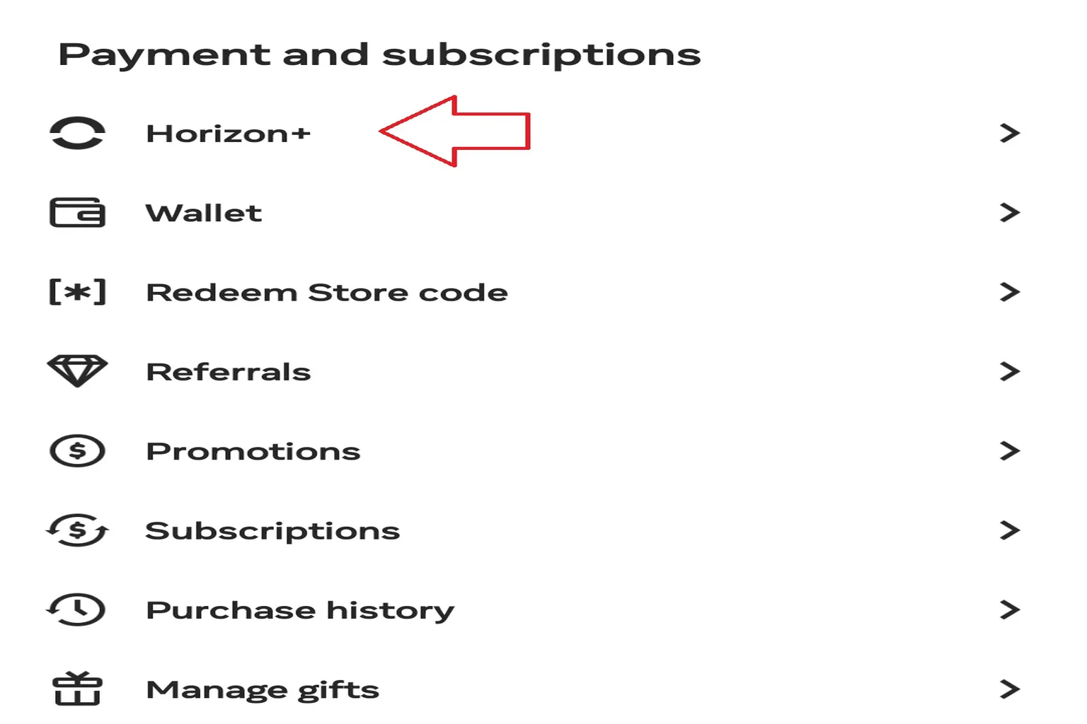 From the Payments & Subscriptions menu, select Horizon+ to open the subscription management screen.