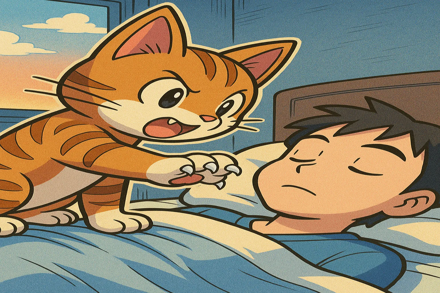 A cute cat jumps onto the bed as a morning wake-up call, trying to wake its owner with its front paws, while the boy keeps sleeping calmly.