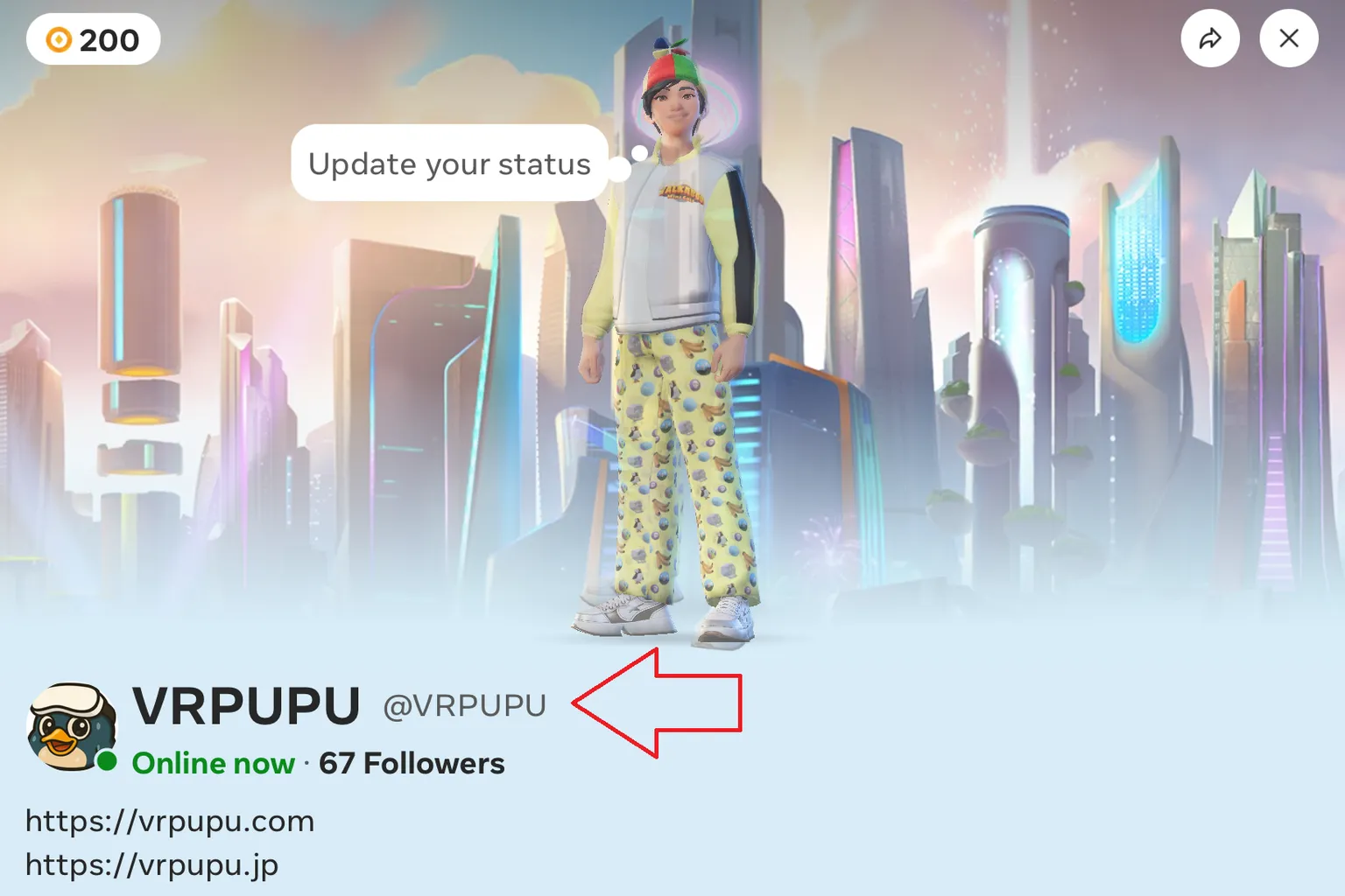 Meta account screen displaying the user nickname “VRPUPU” and user ID, confirming the account is currently online