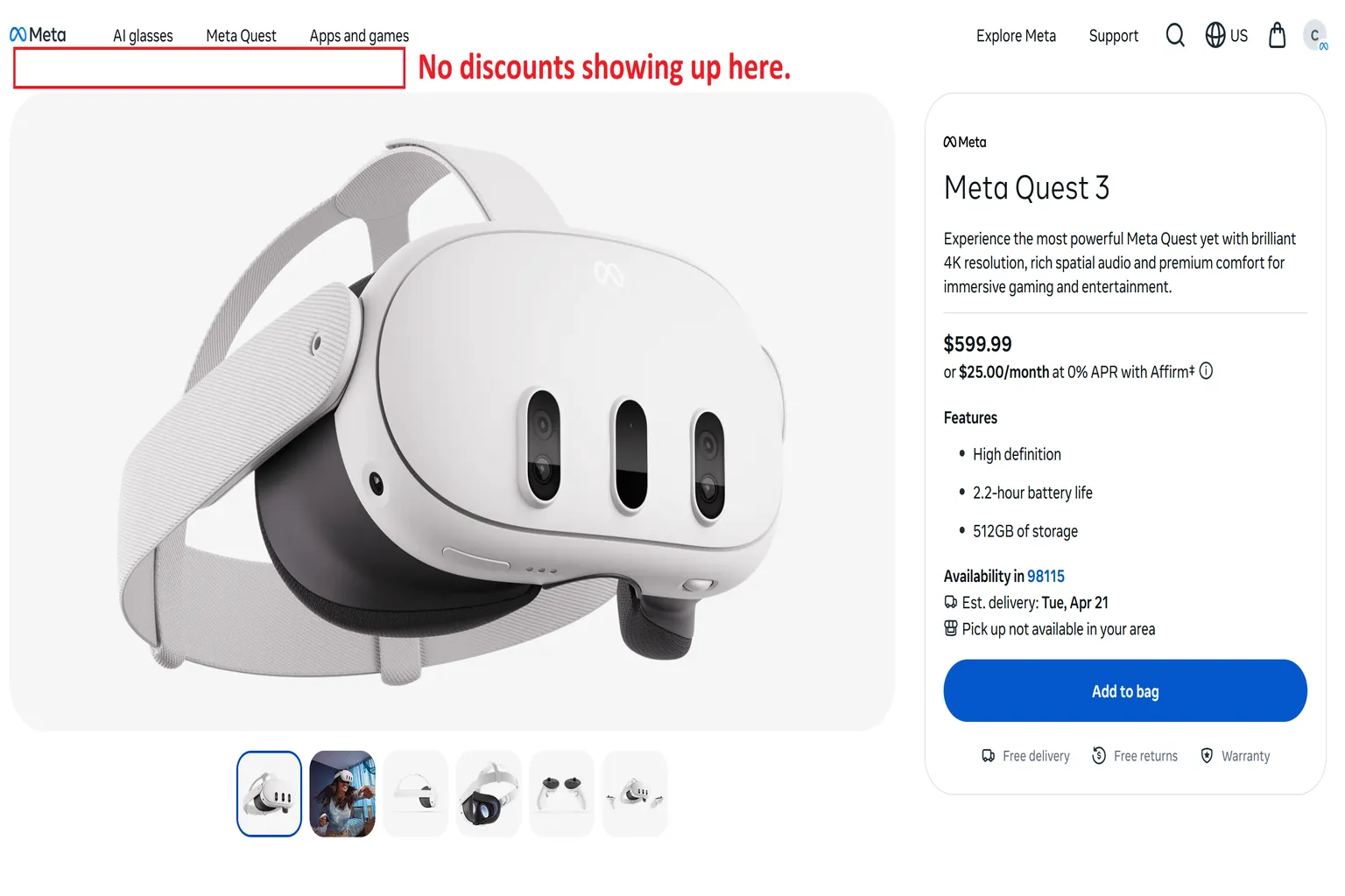 Meta official site product page without using a referral link, showing no creator reward campaign or $30 discount banner