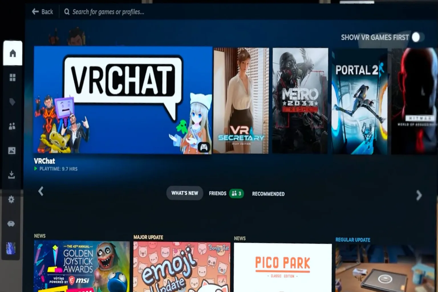 At the bottom of the SteamVR headset view, the multitasking bar includes a back button, the Steam menu, and window control buttons.