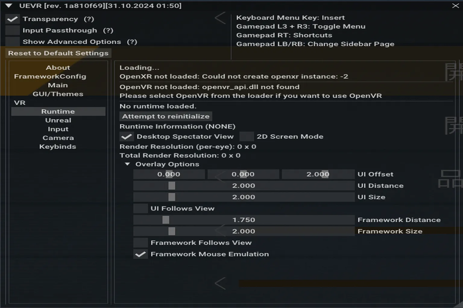 UEVR Runtime tab showing execution platforms and API versions with OpenXR and SteamVR information listed