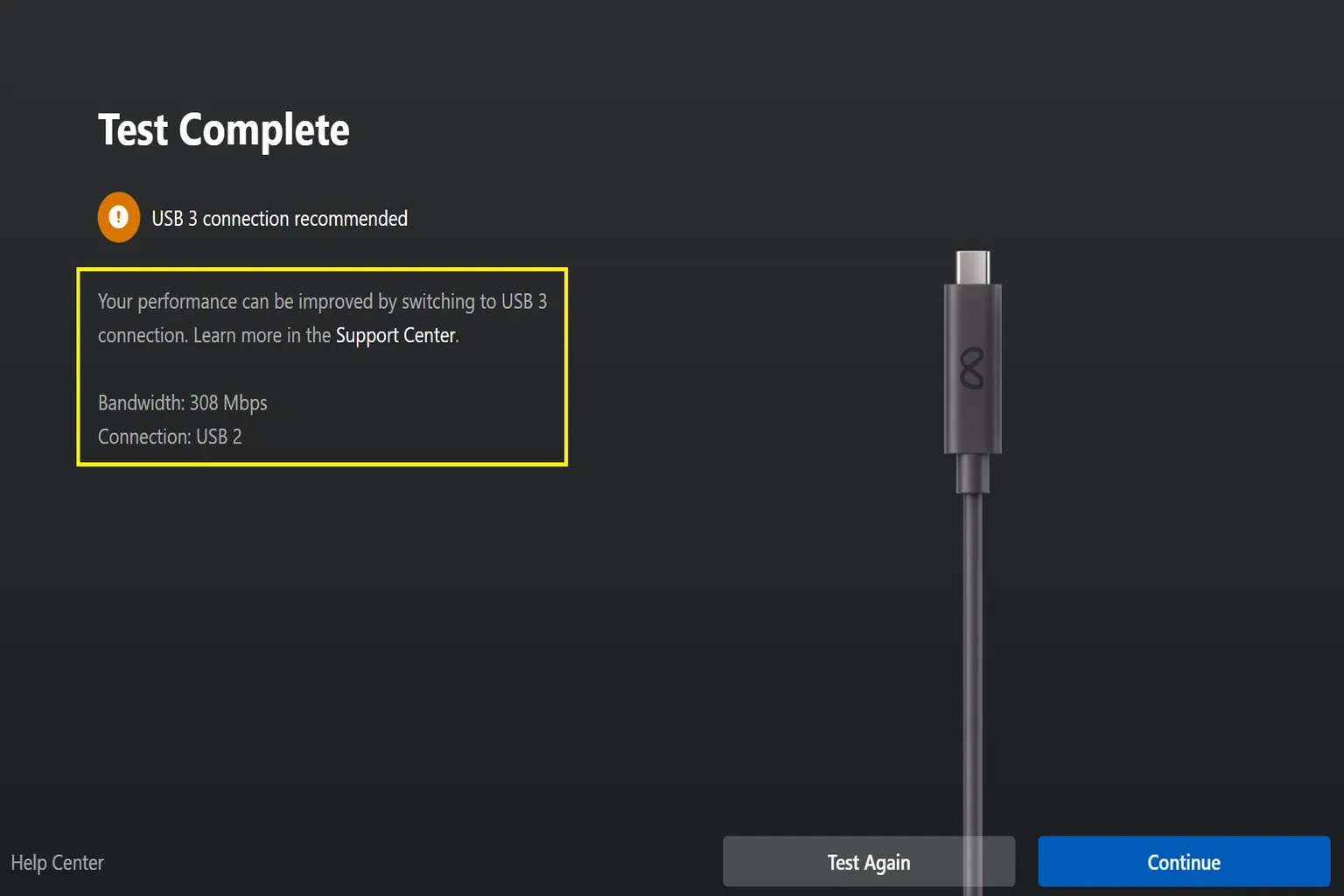 Link cable test result showing USB 2 connection with insufficient bandwidth, recommending a USB 3 cable