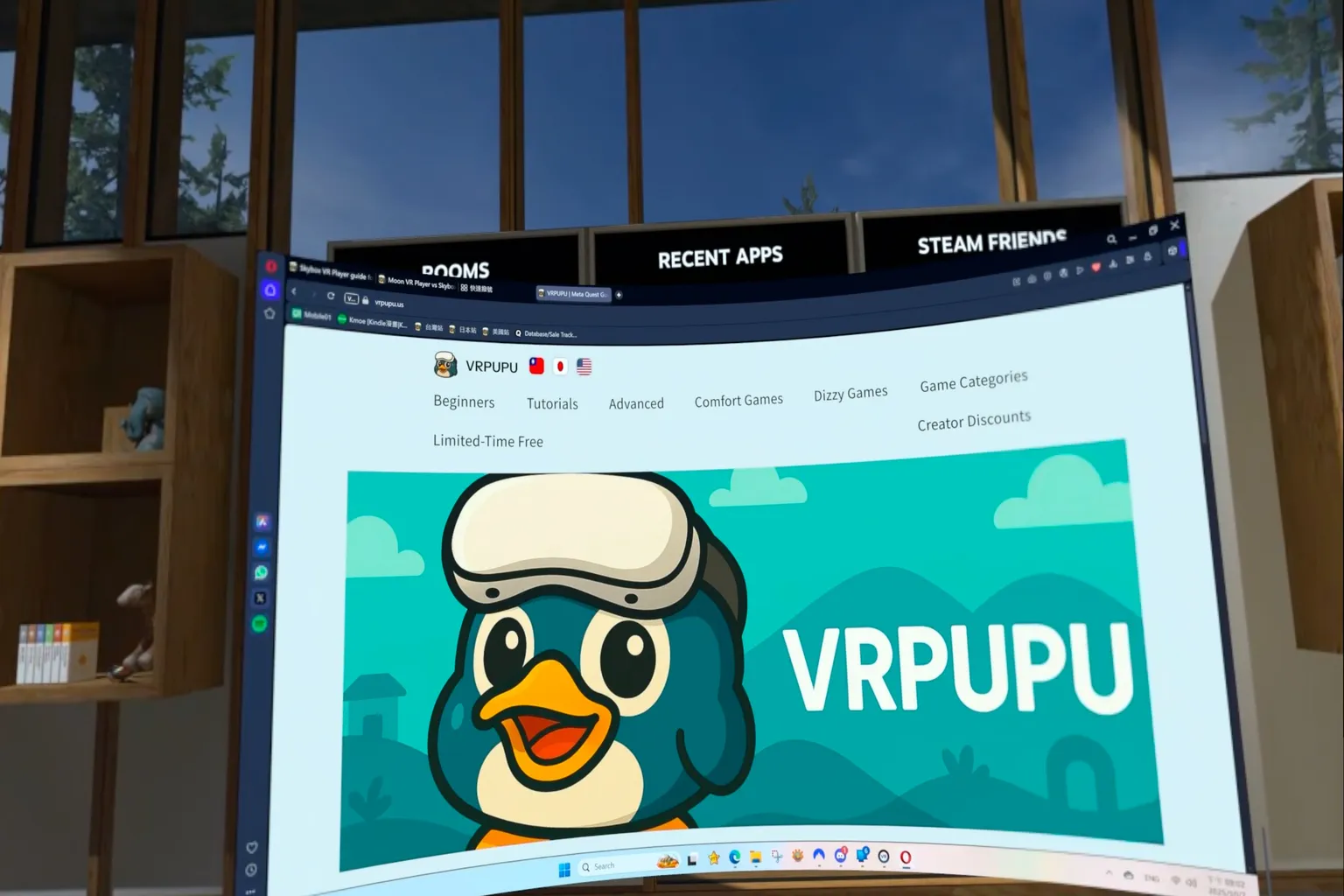 The PC desktop is projected into the virtual space in SteamVR, showing a Facebook fan page open in a virtual desktop window.