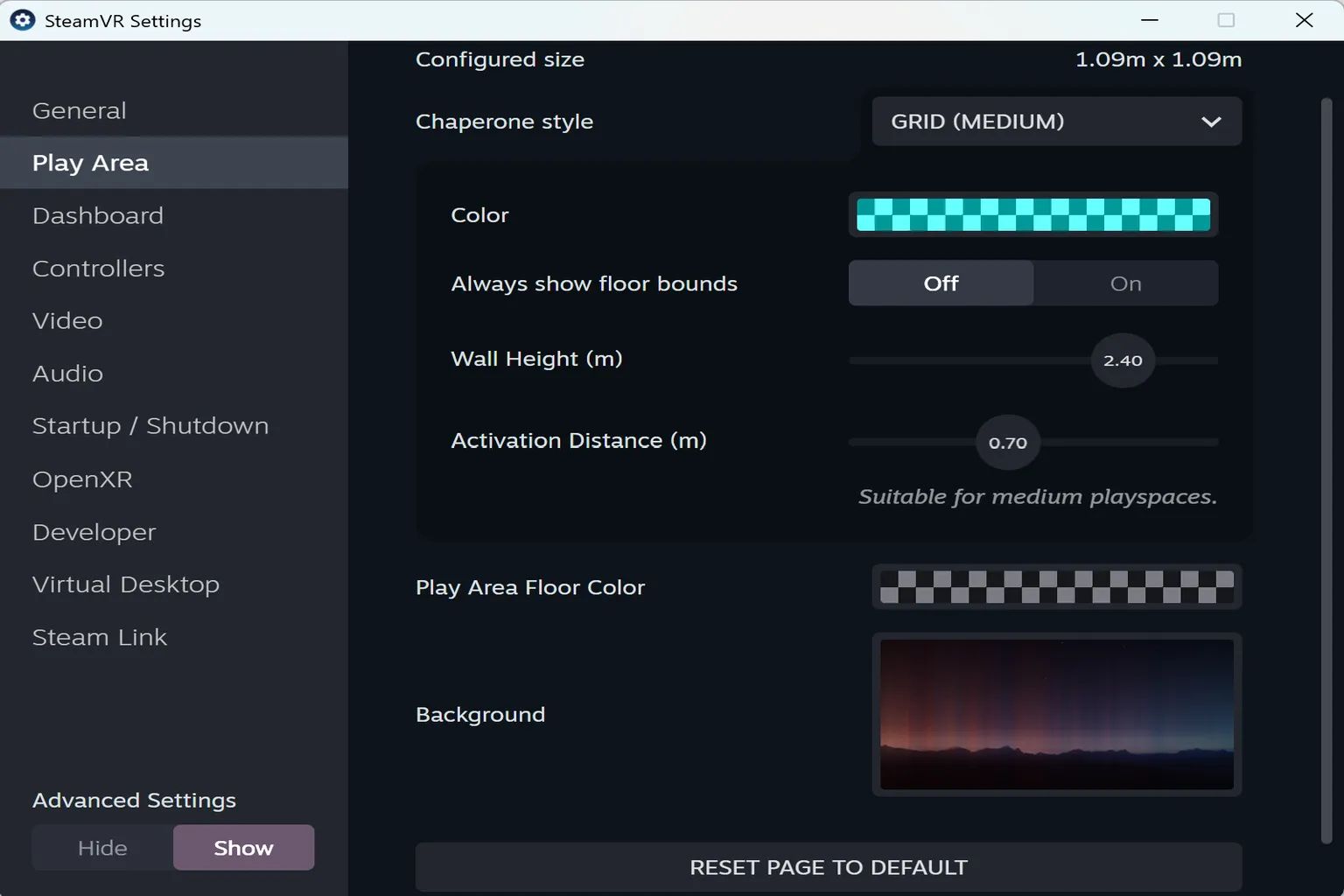 The play area settings screen lets you fine-tune Chaperone boundaries and their visual display.