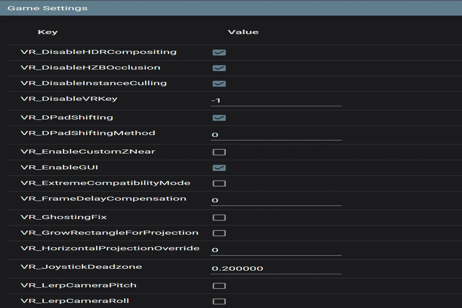 UEVR additional UI and control parameter settings with sliders for numeric tuning, Z-axis projection correction, and stick dead zone