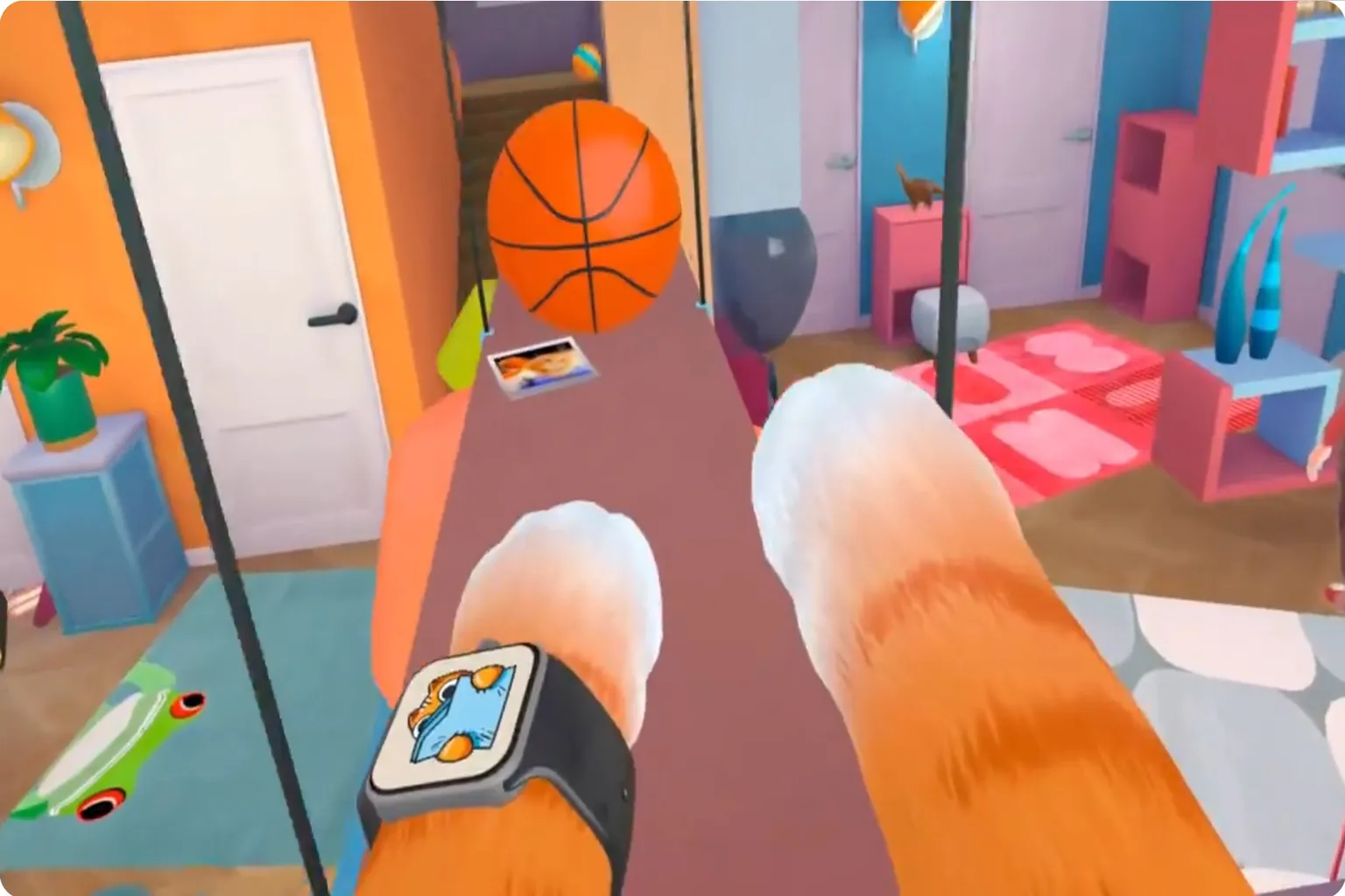 An orange cat stands on a table aiming at a basketball, trying to push it off with its front paws while wearing a mission watch.