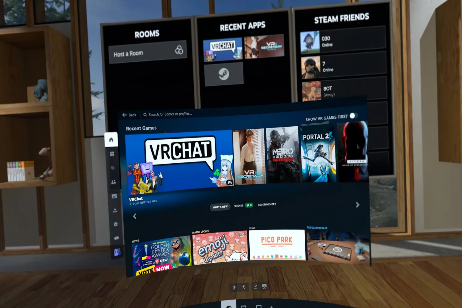 In the SteamVR game library’s standard view, you’ll see cover art for popular games along with the latest update information.