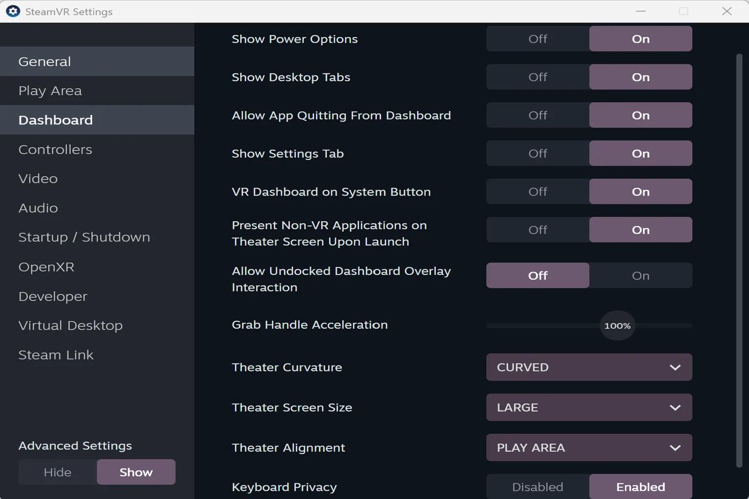 In the console settings, you can control VR app switching behavior, theater mode, and system display actions.