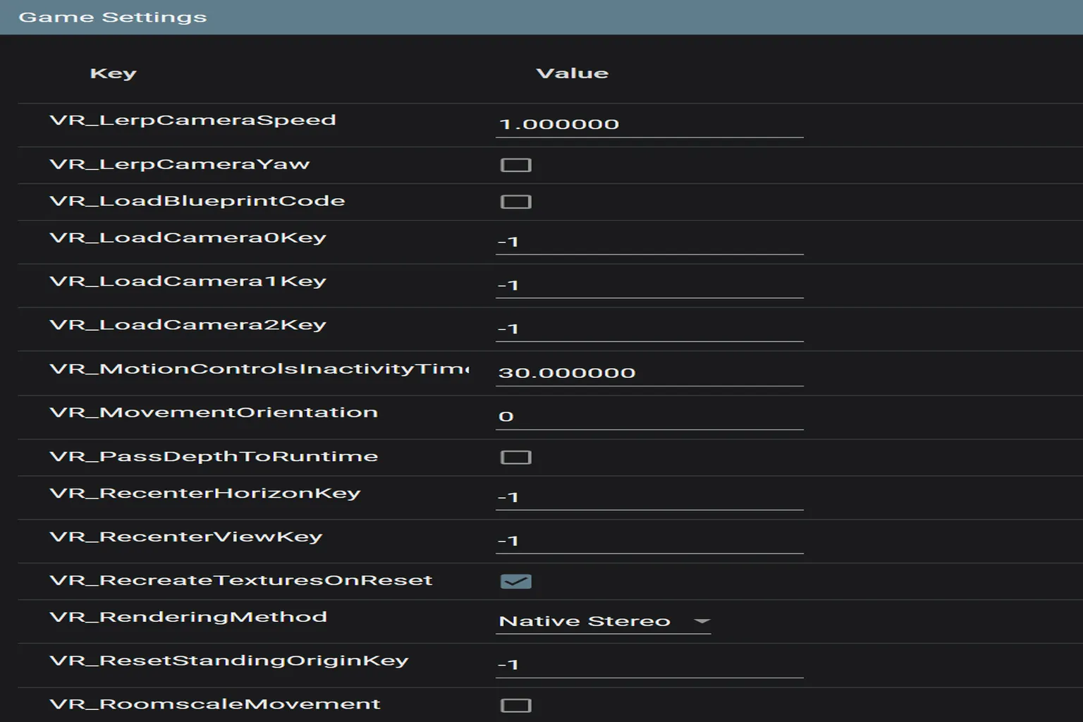 UEVR Game Settings screen showing options to reset the VR camera, inject the VR module, and adjust the origin position