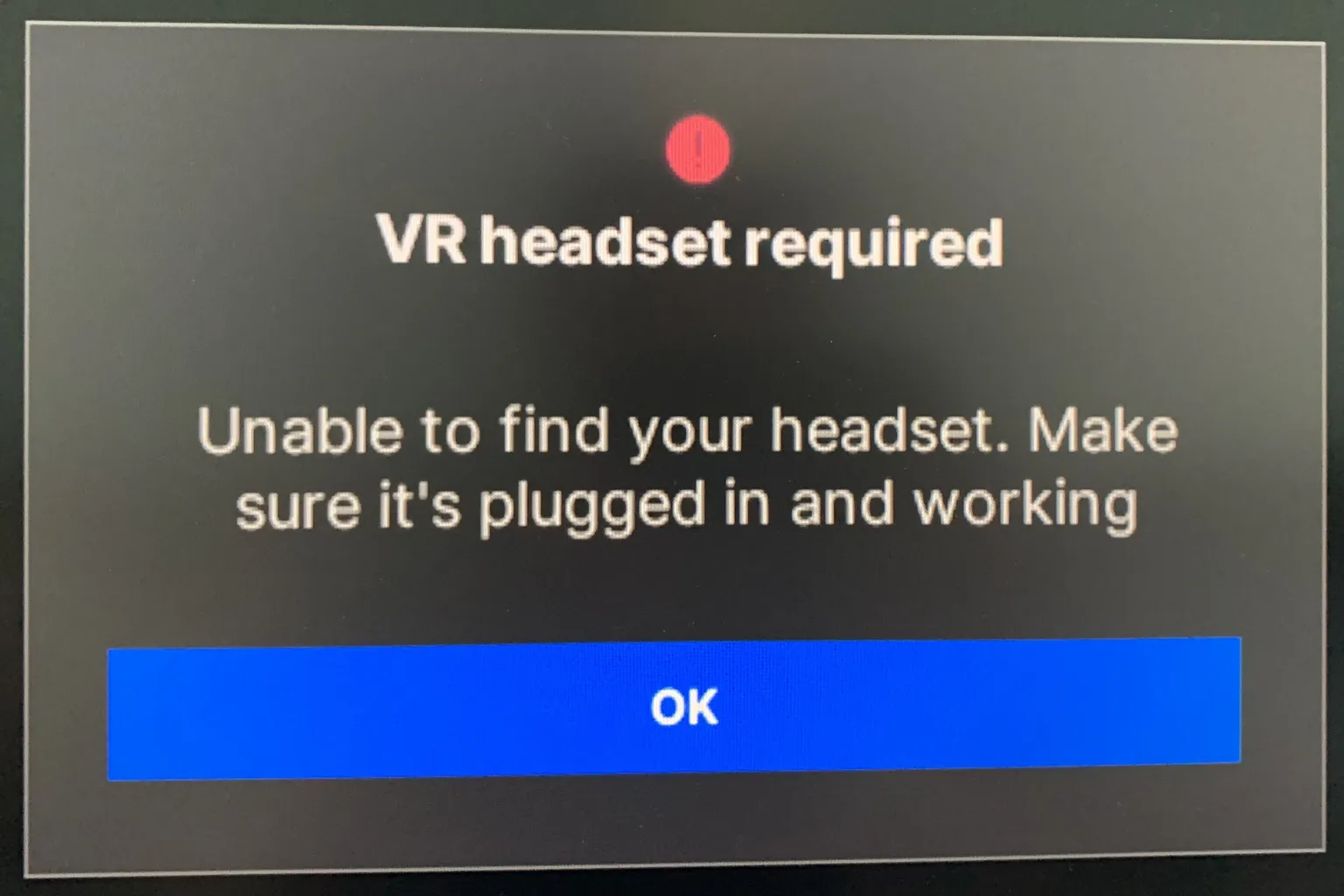 An error message displayed on the PC, indicating the VR app cannot start or that a compatible platform cannot be found.