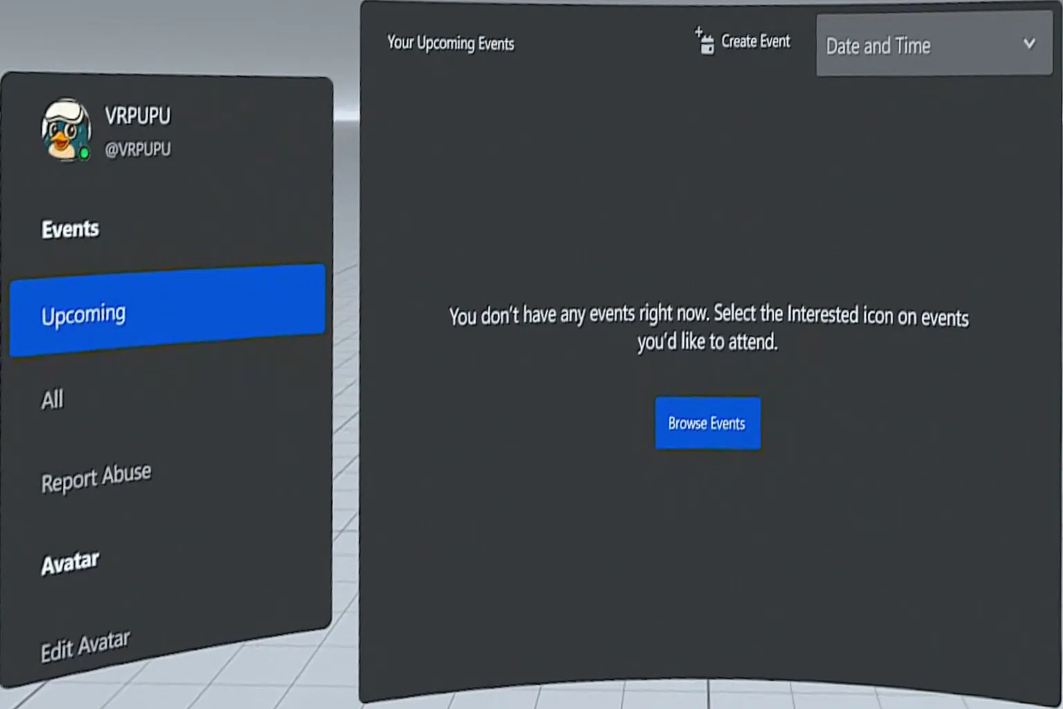 The Social page displaying recent activity and the avatar menu, allowing users to browse or create events.