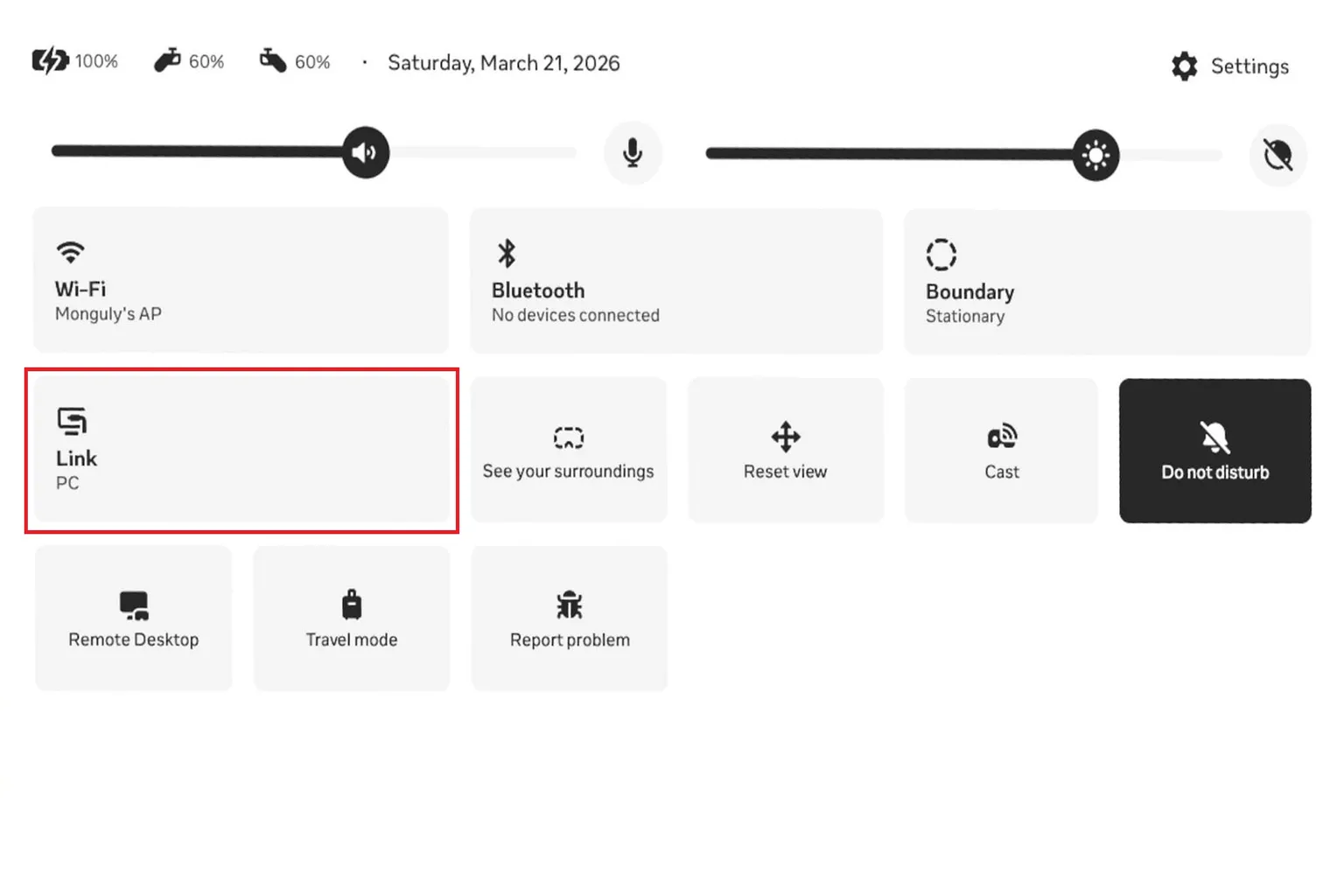Quest headset control panel with the Link tile selected to begin PC connection setup