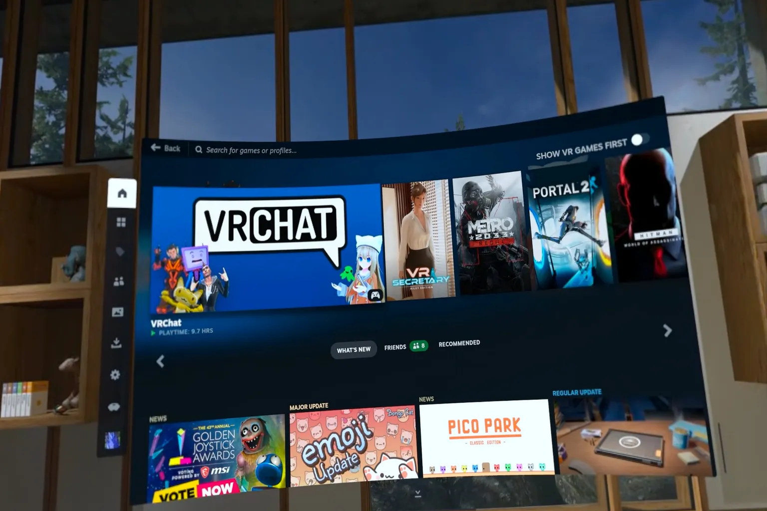 When you switch the SteamVR game library to Theater Mode, banners for recommendations, news, and events are displayed.