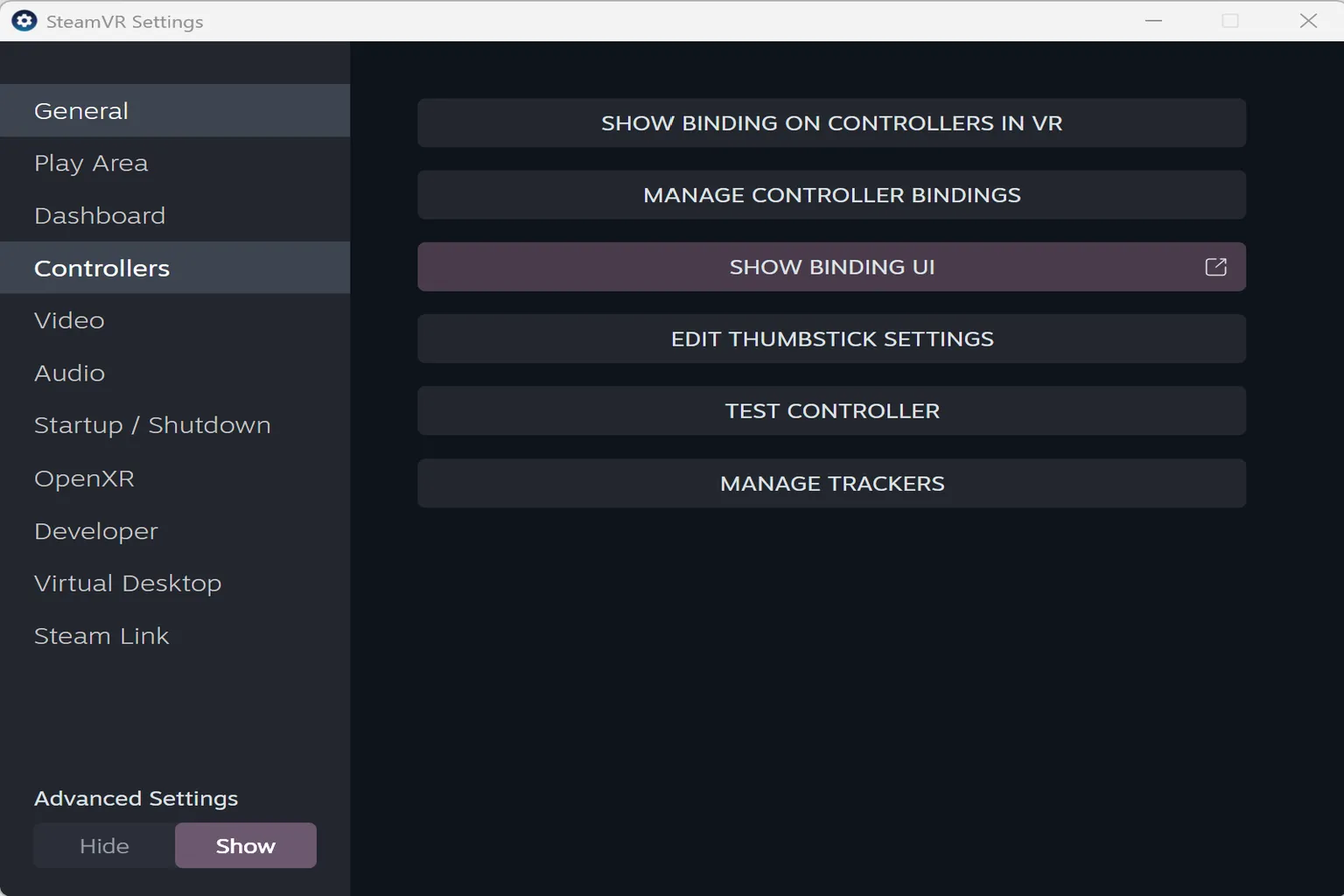 The controller settings menu allows you to check controller positioning, manage button mappings, and run controller functionality tests.