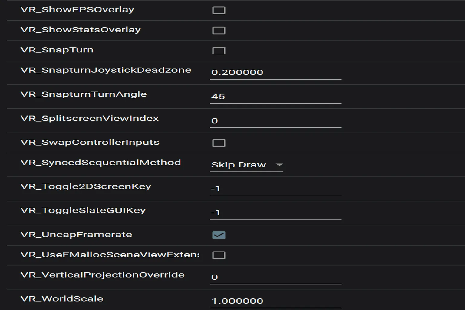 UEVR extended Game Settings page with options for Snap Turn, FPS display, and multi-controller support