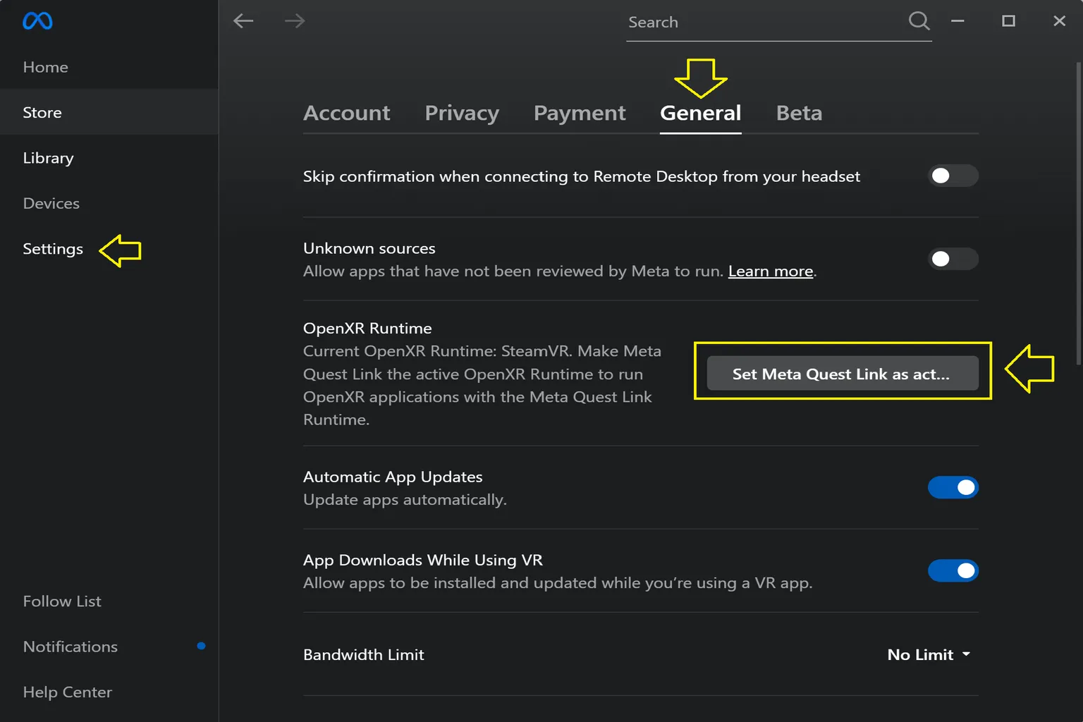Opening the Horizon Link desktop app and manually enabling OpenXR support from the top-right menu.