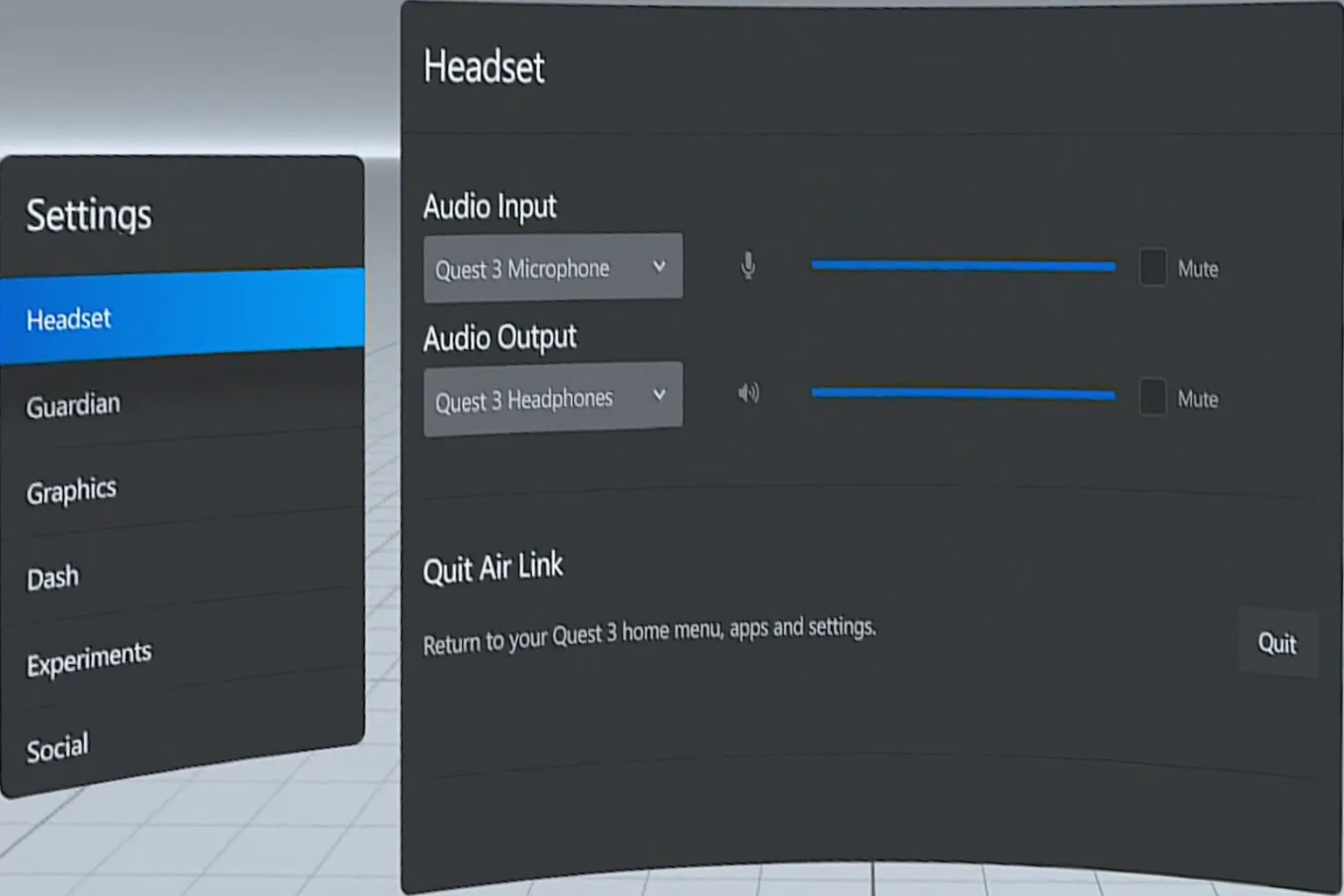 Audio settings page where input and output devices can be adjusted, with the option to exit Air Link mode from here.
