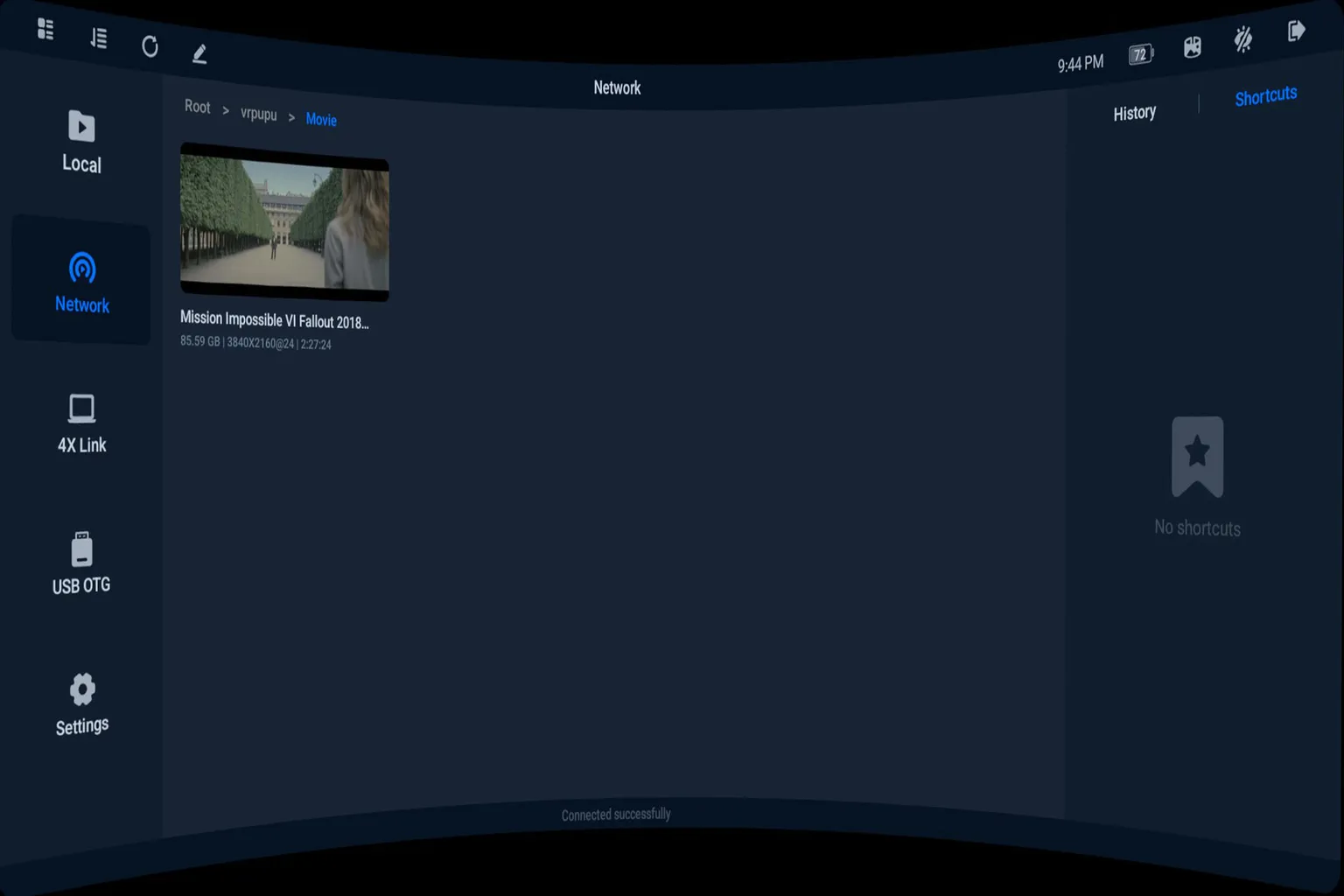 4XVR Player on Meta Quest displaying a local video library, with a feature menu on the left side.