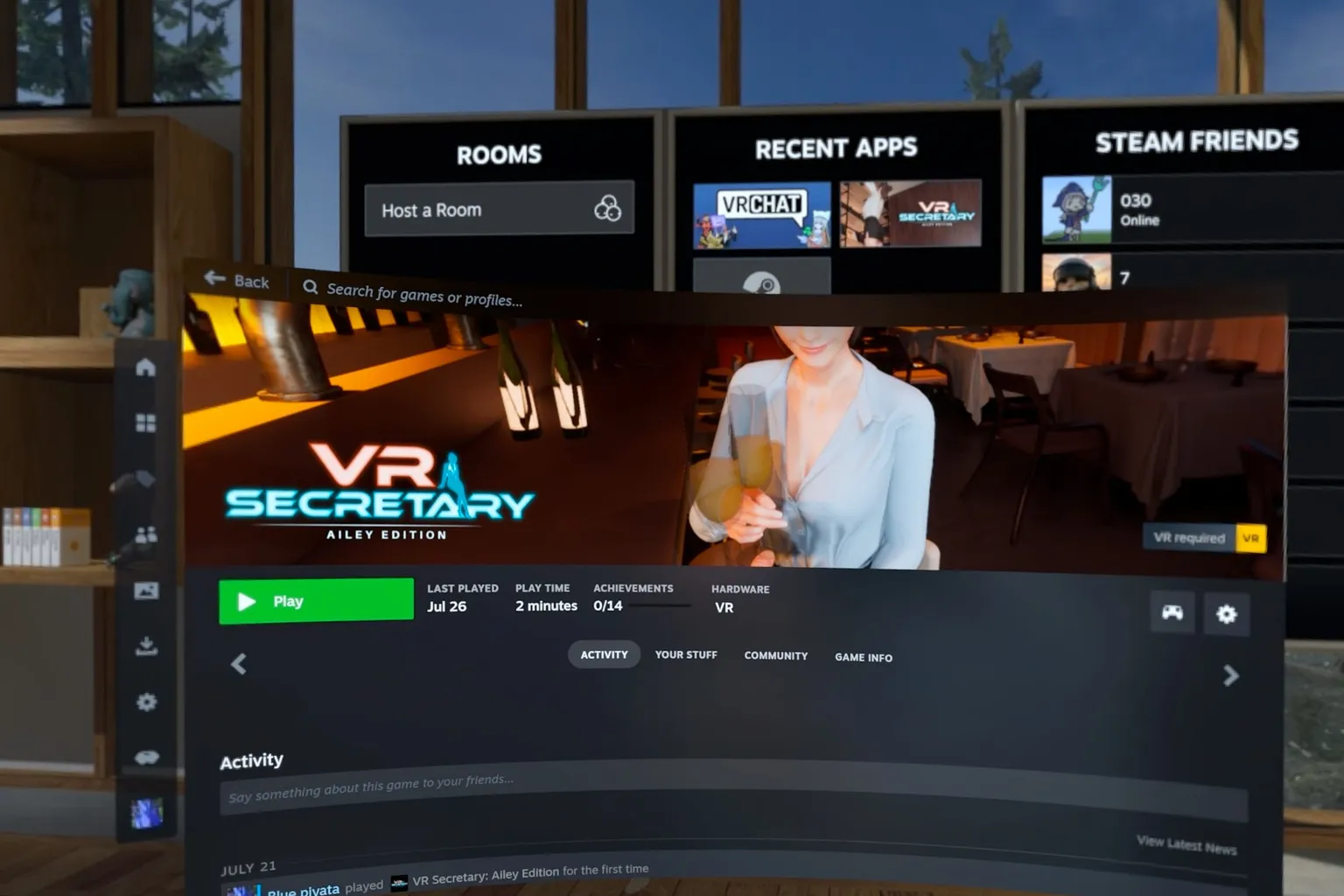 This is the screen shown after launching VR Secretary in SteamVR, displaying total playtime and unlocked achievements.