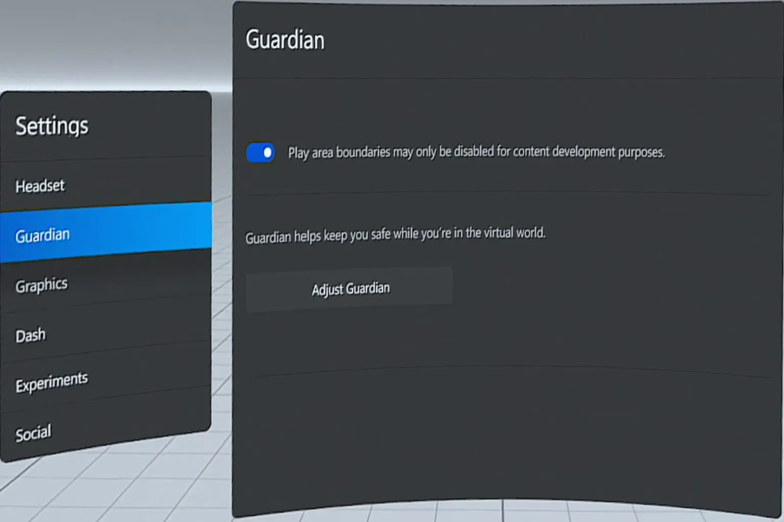 Guardian setup screen used to enable the Guardian system and define a virtual safety boundary for the play area.