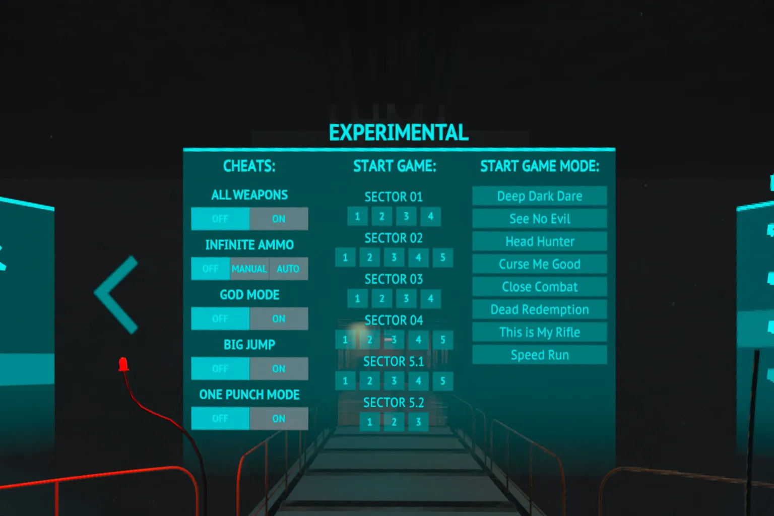 Cheat and experiment options settings screen showing features such as God Mode, Infinite Ammo, and One-Hit Kill mode.