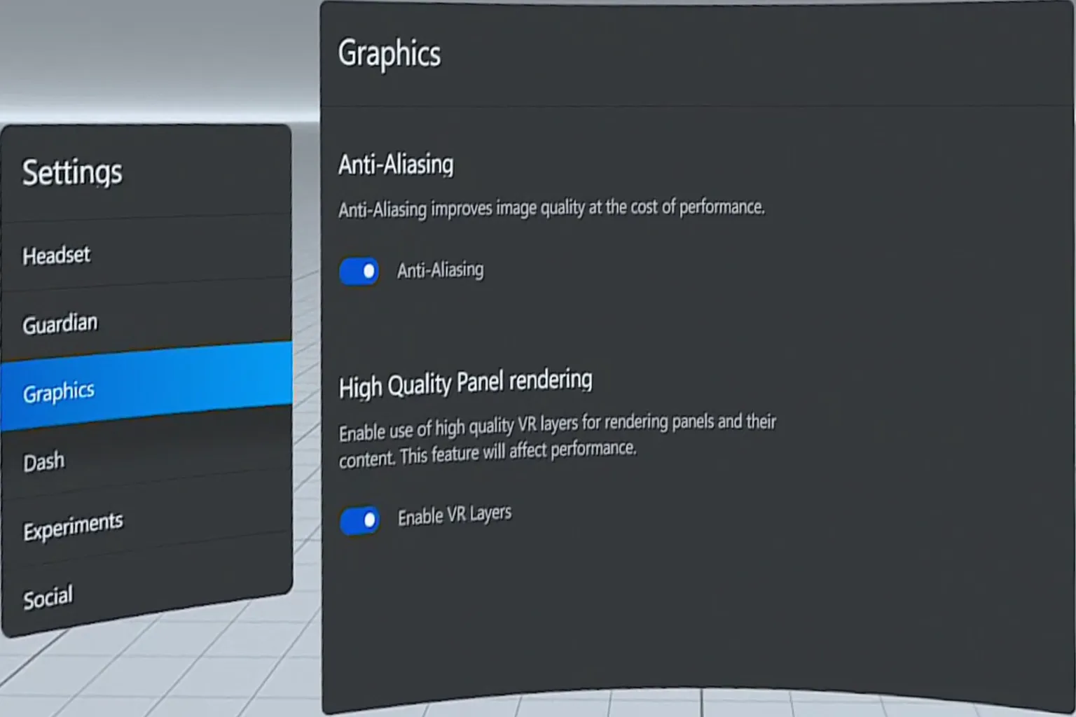 Display settings page where anti-aliasing and high-quality VR layers can be enabled to improve image clarity.